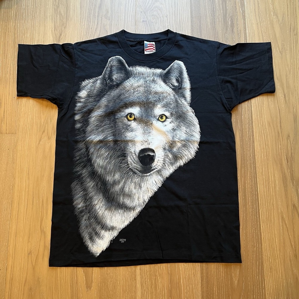 Vintage 1993 Trinity Products Wolf T Shirt L Made USA Single Stitch Animal Tee